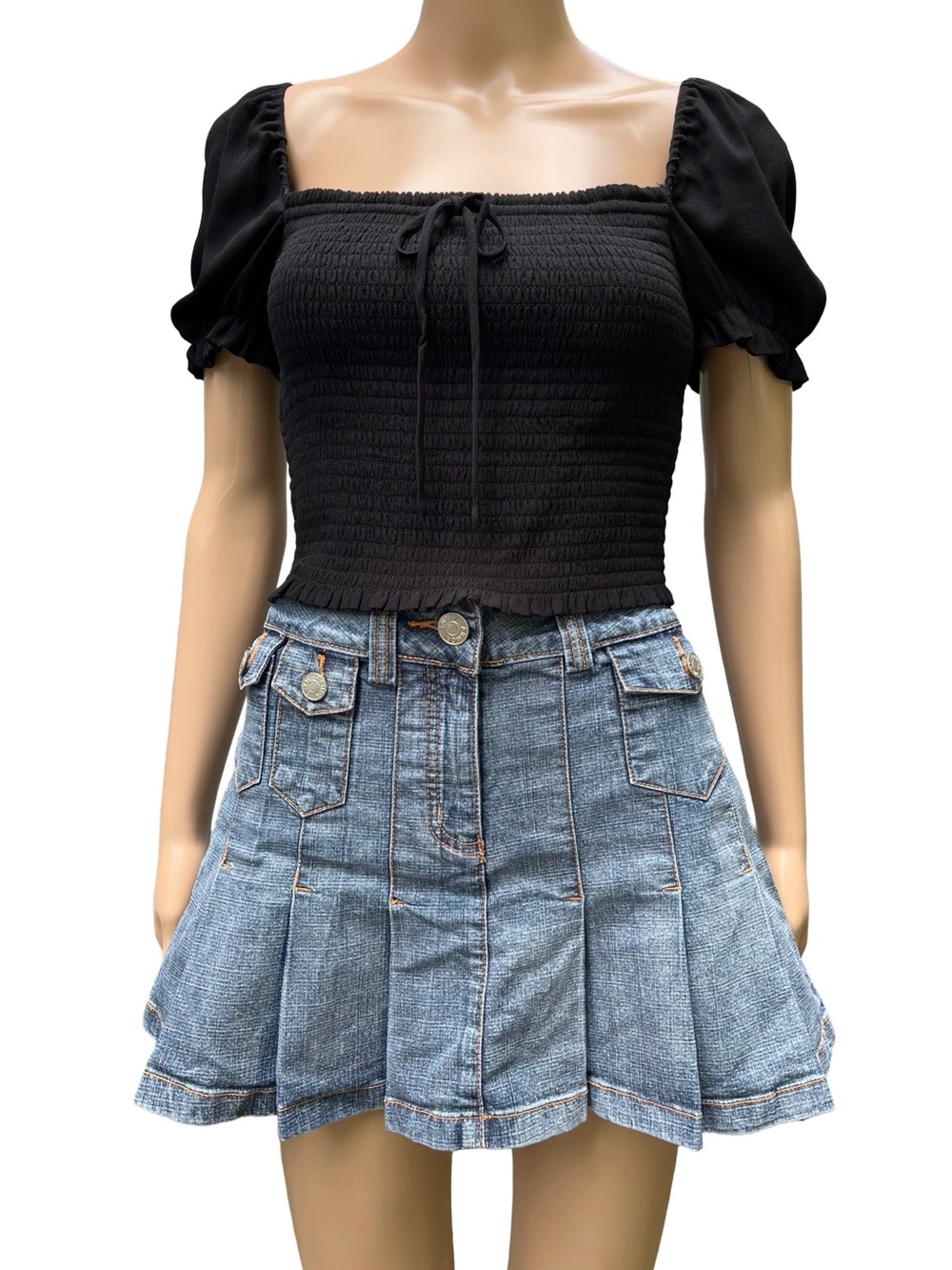 Y2K Armor Jeans Cargo Pleated Denim Mini Skirt M